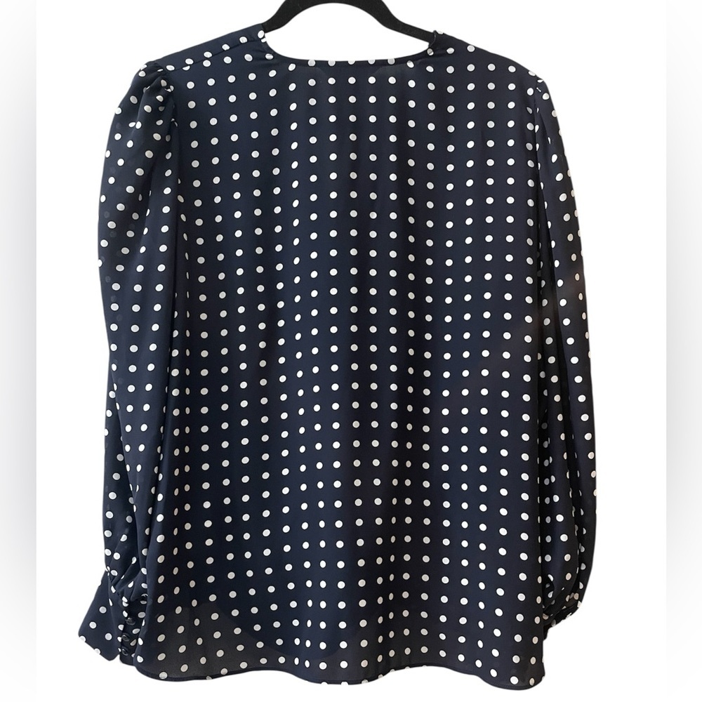Lauren Ralph Lauren Navy Polka Dot Faux Wrap Long Sleeve Draped Blouse Large - Picture 3 of 7
